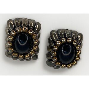 Vintage Big Chunky Gold Tone Faux Onyx Earrings Clip On Made In‎ USA 1"